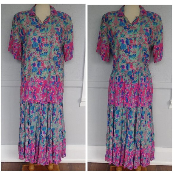 'Rainbow Jo' 3 pc set - Skirt, Shirt, Vest- Pink and Turquoise, 60's replica - Picture 2 of 10